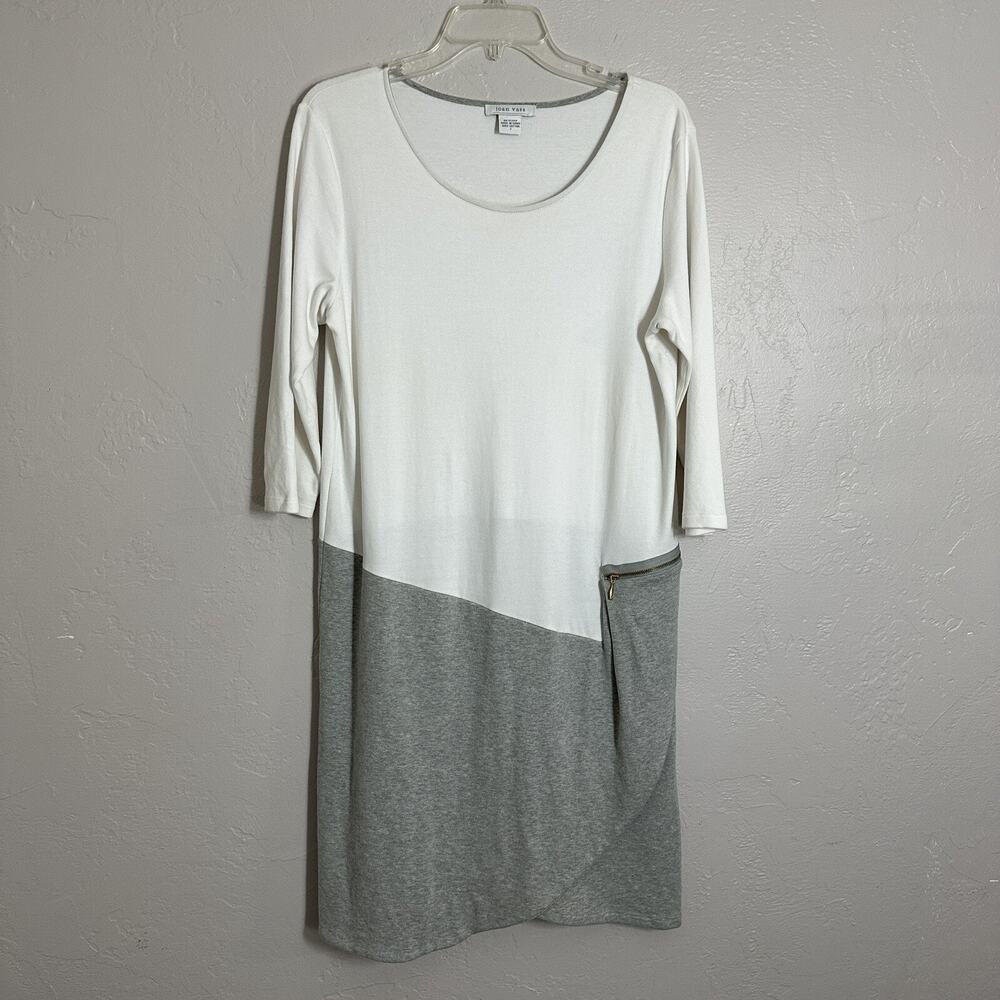 Joan Vass Dress 2 Cotton White Gray Zip Pocket Pullover Faux Wrap 3/4 Sleeve